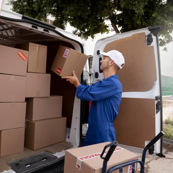 Un homme en uniforme bleu charge des cartons à l'arrière d'un fourgon pour un déménagement.