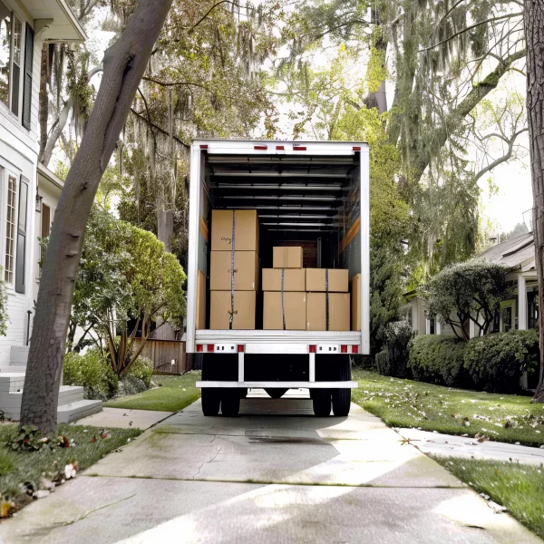 Un camion de déménagement est garé devant une maison, signalant un déménagement de dernière minute.